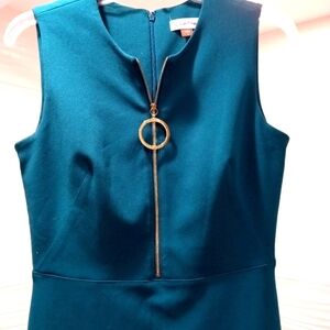 Calvin Klein size 4 teal 94% polyester 8% spandex teal green gold hardware dress